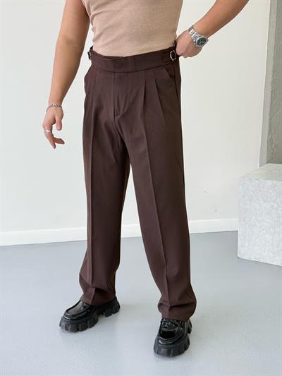 Çift Tokalı Baggy Kumaş Pantolon Kahverengi
