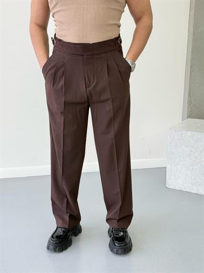Çift Tokalı Baggy Kumaş Pantolon Kahverengi