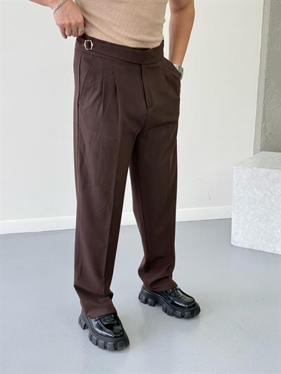 Çift Tokalı Baggy Kumaş Pantolon Kahverengi