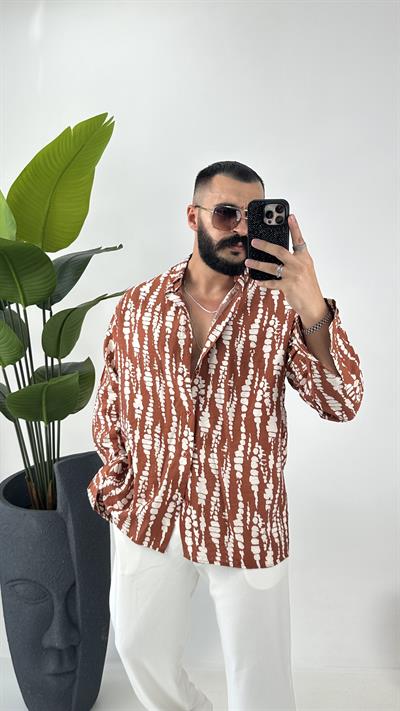 etnik desenli oversize  gömlek hardal