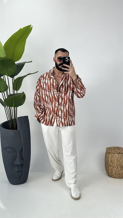 etnik desenli oversize  gömlek hardal