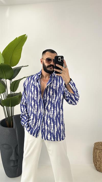 etnik desenli oversize  gömlek mavi