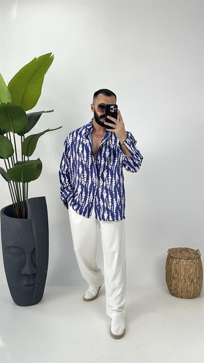 etnik desenli oversize  gömlek mavi