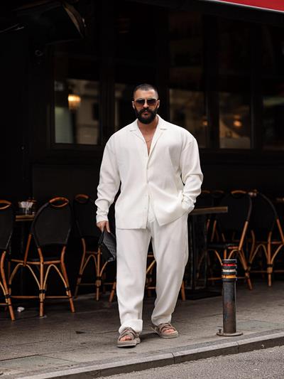 Fitilli Oversize Takım Beyaz