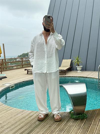 GG Nakışlı Modal Gömlek Beyaz