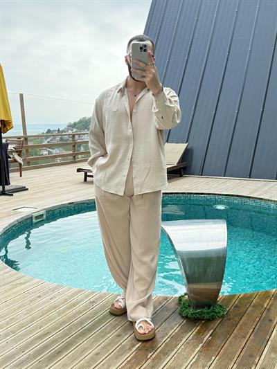 GG Nakışlı Modal Gömlek Krem