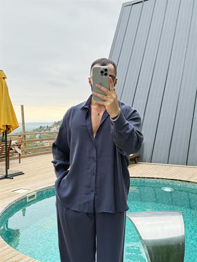 GG Nakışlı Modal Gömlek Lacivert