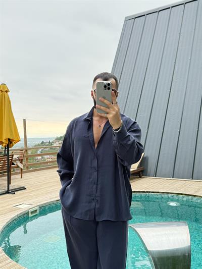 GG Nakışlı Modal Gömlek Lacivert