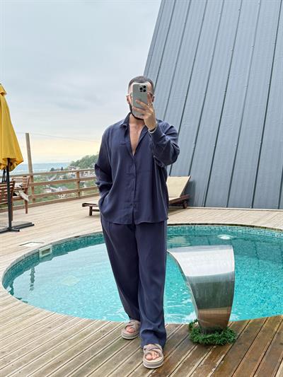 GG Nakışlı Modal Gömlek Lacivert