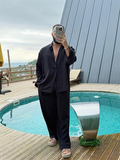 GG Nakışlı Modal Gömlek Siyah