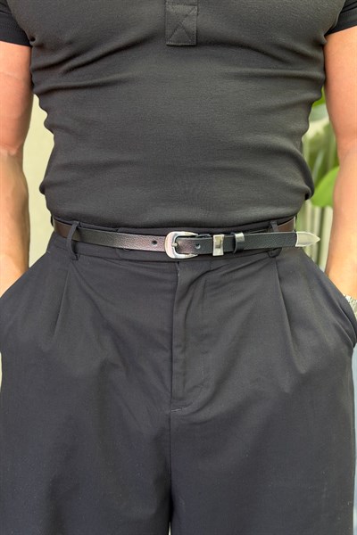 GÜMÜŞ TAKIM TOKALI   DERİ KEMER SİYAH