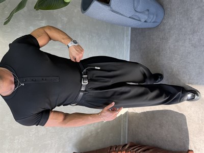 HENLEY YAKA DÜĞMELİ  SLİMFİT T-SHİRT SİYAH