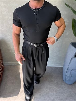 HENLEY YAKA DÜĞMELİ  SLİMFİT T-SHİRT SİYAH