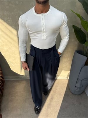 HENLEY YAKA UZUN KOLLU T-SHİRT BEYAZ