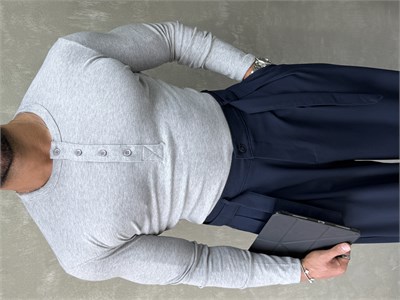 HENLEY YAKA UZUN KOLLU T-SHİRT GRİ