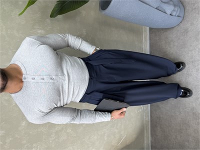 HENLEY YAKA UZUN KOLLU T-SHİRT GRİ