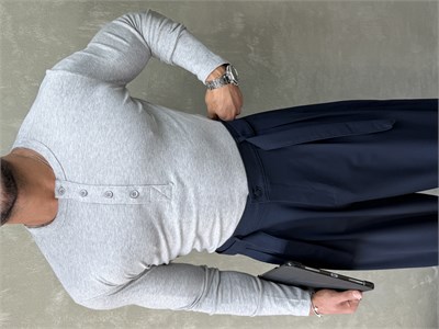 HENLEY YAKA UZUN KOLLU T-SHİRT GRİ