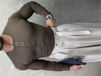 HENLEY YAKA UZUN KOLLU T-SHİRT KAHVERENGİ 