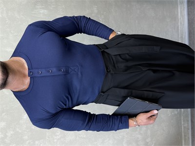 HENLEY YAKA UZUN KOLLU T-SHİRT LACİVERT 
