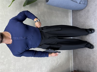 HENLEY YAKA UZUN KOLLU T-SHİRT LACİVERT 