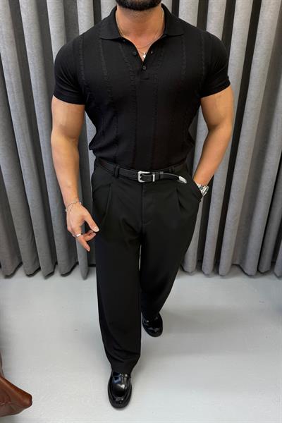 İNCE ÖRGÜ DETAYLI POLO YAKA SİYAH