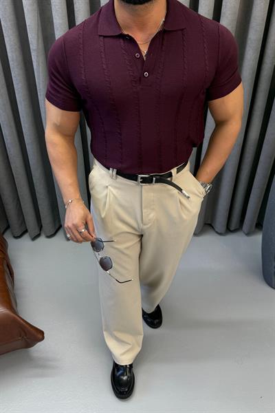 İNCE ÖRGÜ DETAYLI POLO YAKA TRİKO BORDO