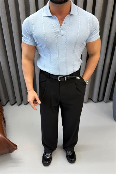 İNCE ÖRGÜ DETAYLI POLO YAKA TRİKO BEBE MAVİSİ