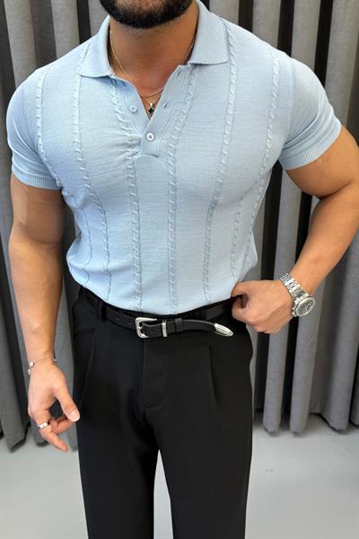 İNCE ÖRGÜ DETAYLI POLO YAKA TRİKO BEBE MAVİSİ