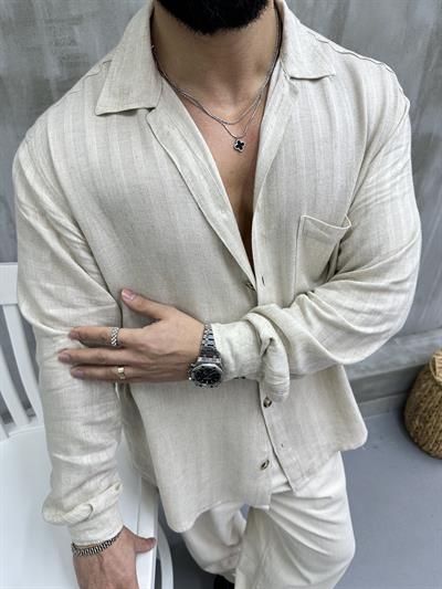 KENDİNDEN ÇİZGİ DETAYLI HAM KETEN GÖMLEK