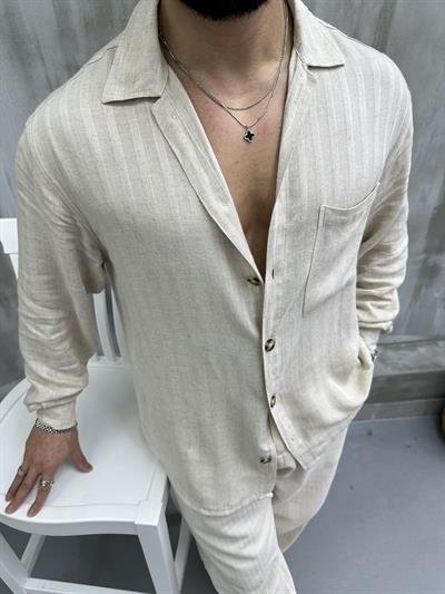 KENDİNDEN ÇİZGİ DETAYLI HAM KETEN GÖMLEK