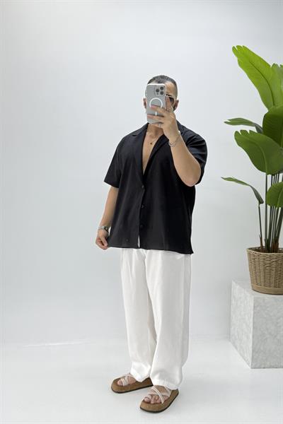 KISA KOLLU KETEN GÖMLEK SİYAH