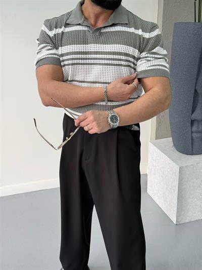 Premium Çizgi Detaylı Polo Yaka T-Shirt Haki