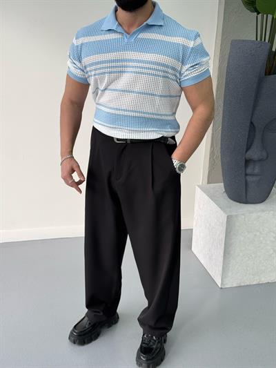 Premium Çizgi Detaylı Polo Yaka T-Shirt Mavi