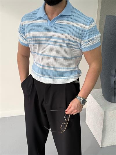 Premium Çizgi Detaylı Polo Yaka T-Shirt Mavi
