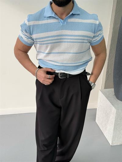 Premium Çizgi Detaylı Polo Yaka T-Shirt Mavi