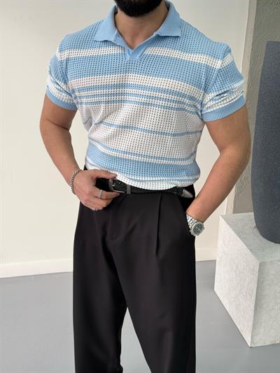 Premium Çizgi Detaylı Polo Yaka T-Shirt Mavi