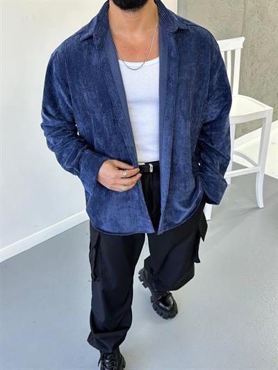 Lacivert Oversize Kadife Gömlek