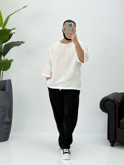 Müslin Kumaş Fakir Kol T-Shirt Beyaz