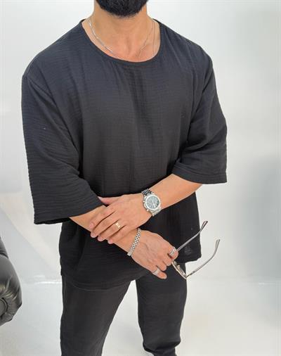 Müslin Kumaş Fakir Kol T-Shirt Siyah