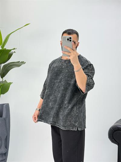 Müslin Kumaş Fakir Kol T-Shirt Yıkamalı Füme