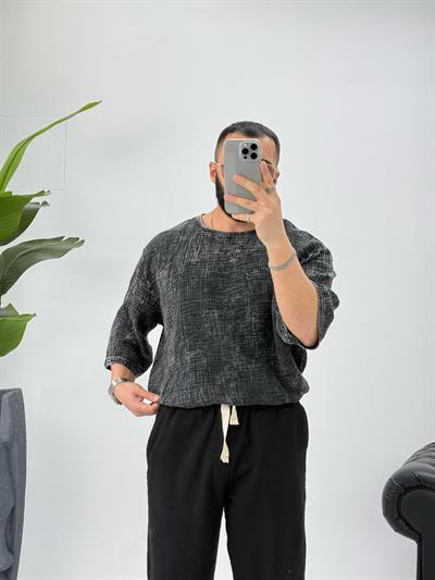 Müslin Kumaş Fakir Kol T-Shirt Yıkamalı Füme