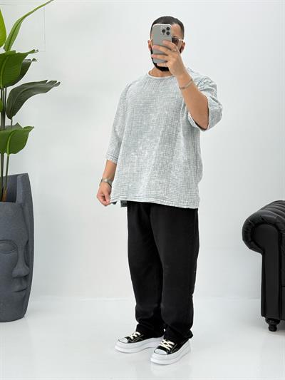 Müslin Kumaş Fakir Kol T-Shirt Yıkamalı Gri