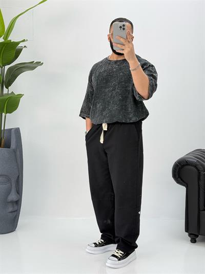 Müslin Kumaş Fakir Kol T-Shirt Yıkamalı Füme