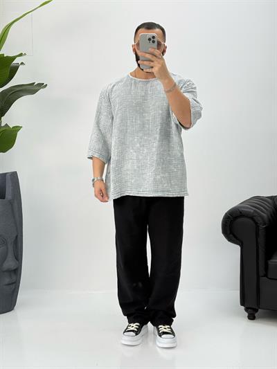 Müslin Kumaş Fakir Kol T-Shirt Yıkamalı Gri