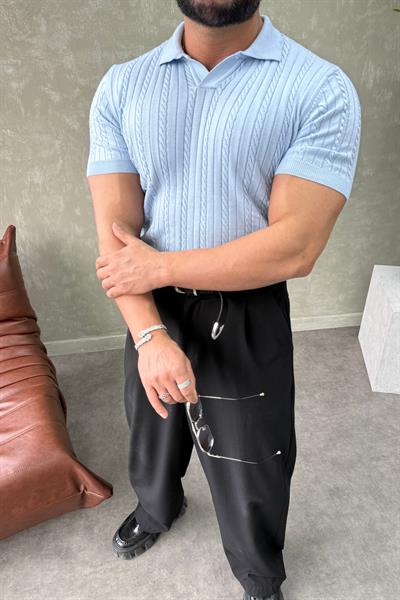 ÖRGÜ DETAYLI POLO YAKA TİRİKO BEBE MAVİSİ