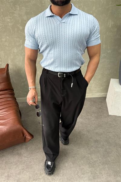 ÖRGÜ DETAYLI POLO YAKA TİRİKO BEBE MAVİSİ
