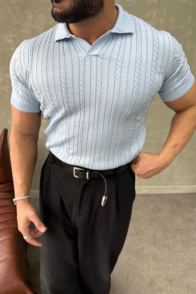 ÖRGÜ DETAYLI POLO YAKA TİRİKO BEBE MAVİSİ