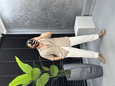 örme desenli kısa kol gömlek bej