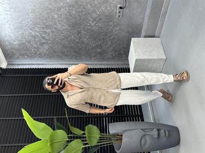 örme desenli kısa kol gömlek bej