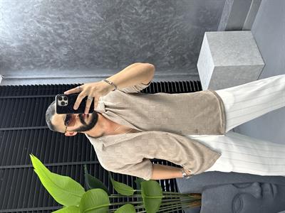 örme desenli kısa kol gömlek bej